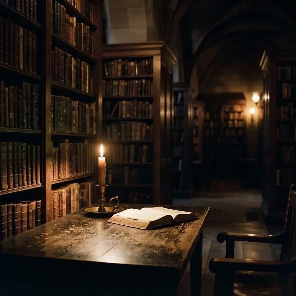 Atmospheric photography of an open book and a lit candle on a wooden table in a library. Floor-to-ceiling bookshelves line the walls, creating a cozy, studious atmosphere.