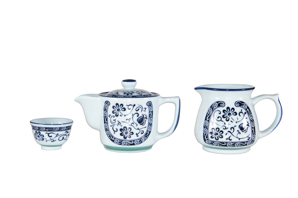 Thumbnail: Everblue Porcelain Tea Set -  Tea Pot, Pitcher, Strainer, 6 Drink Cups