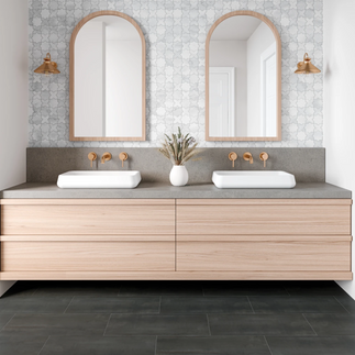 Natural Wood Vanity Double Wood Mirrors Bathroom Renovation Trends