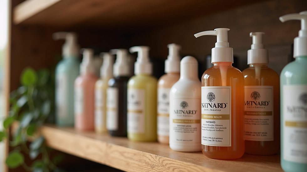 Close-up view of natural hair products on wooden shelf