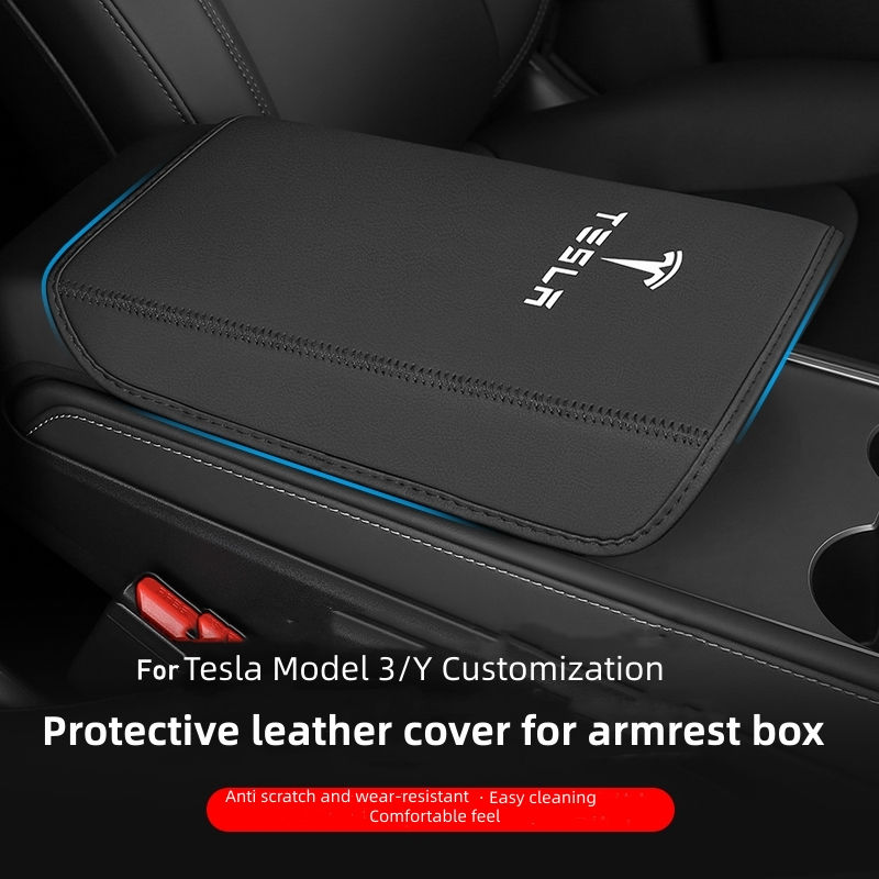 Thumbnail: For Tesla Model 3/Y Center Console Armrest Box Leather Cover Protective Pad