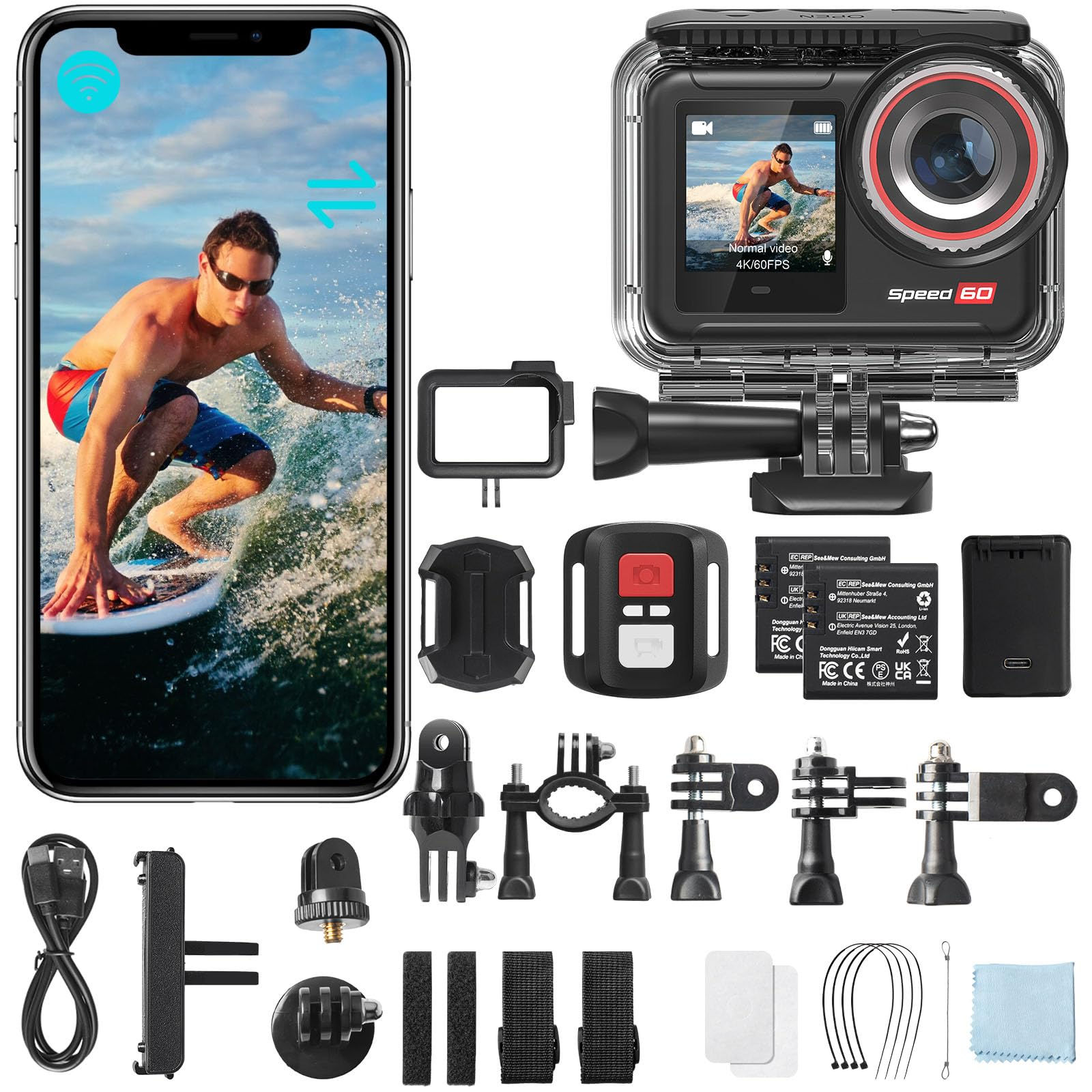 Hiicam Action Camera Speed 60 4K60FPS 48MP WiFi with 2.35" HDR Touch Screen EIS