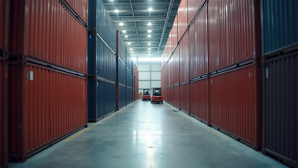 Close-up view of a warehouse with stacked shipping containers and forklifts