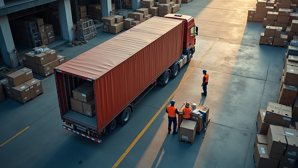 High angle view of logistics workers loading cargo into a truck at a warehouse