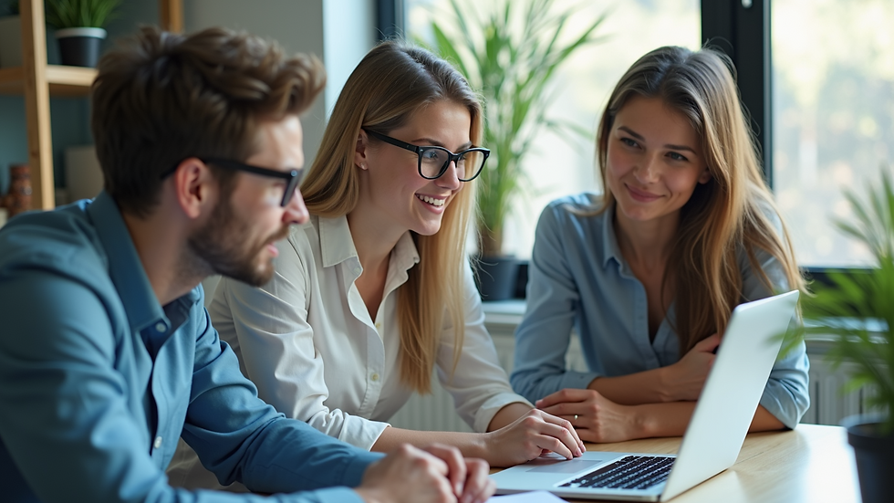 High angle view of a team collaborating around a laptop in a bright office