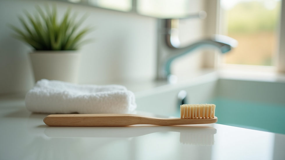 Eye-level view of a bamboo toothbrush and natural toothpaste on a bathroom counter