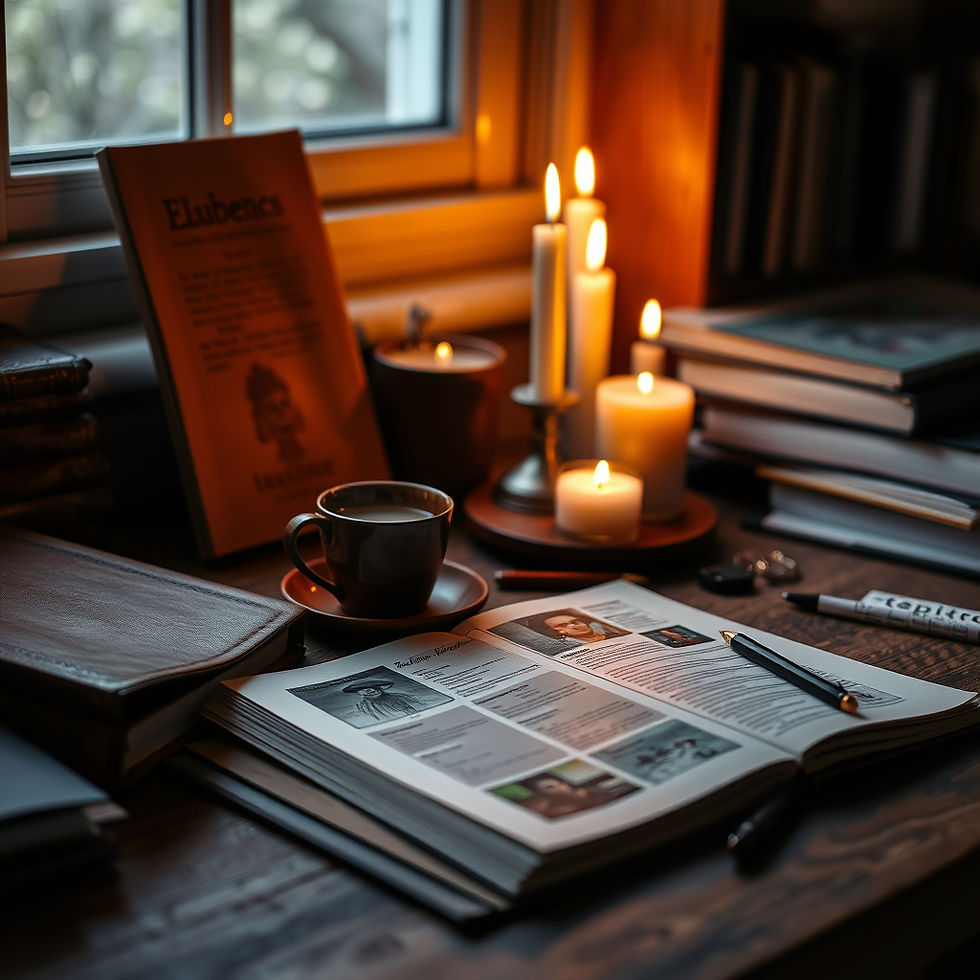 Warm desk by a window with lit candles, coffee, open magazine, stacked books and pens; a blurred book title is visible.