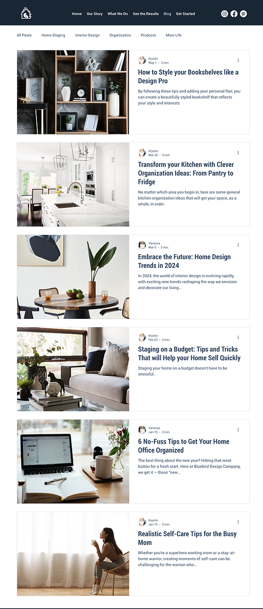 An interior design website, crafted with expertise by Indianapolis small business studio Skunk Hill Creative, photo features various home-centered blog posts with images. Topics include bookshelf styling, kitchen organization, interior design trends for 2024, budget-friendly staging tips, home office organization, and self-care for busy moms.