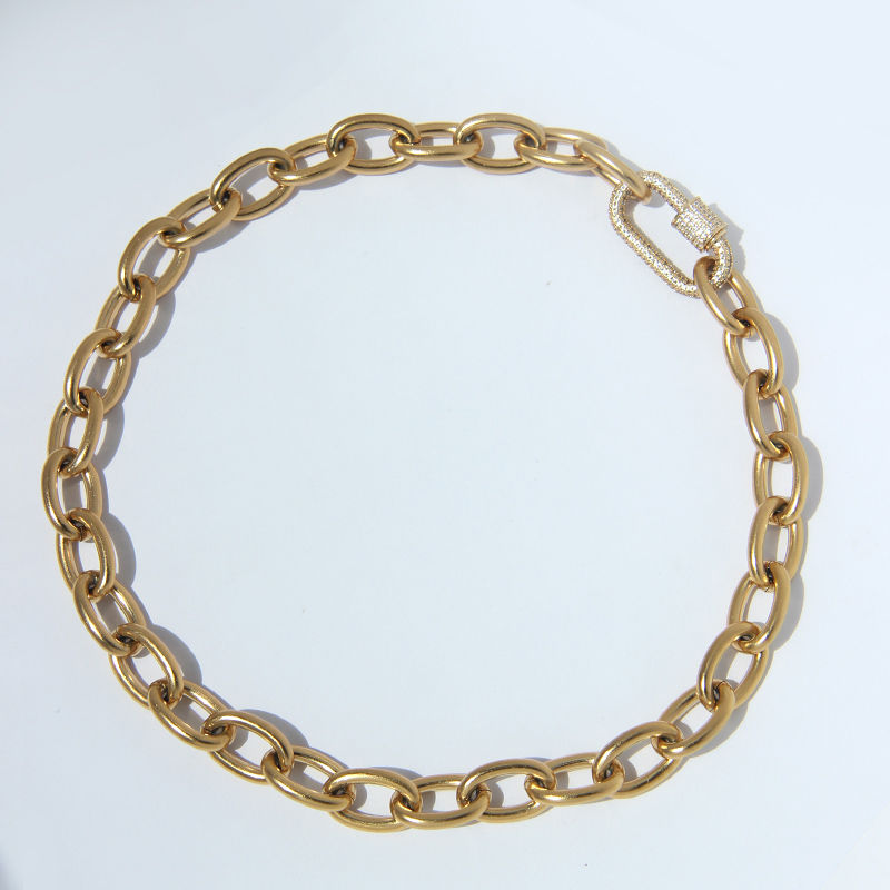 Thumbnail: Gold Color Chunky Cuban Link Chain Carabiner Necklace Clip CZ Necklaces