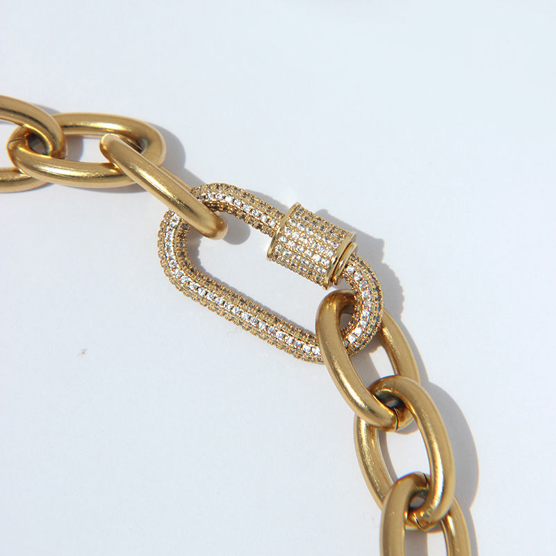 Thumbnail: Gold Color Chunky Cuban Link Chain Carabiner Necklace Clip CZ Necklaces