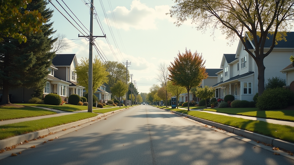Eye-level view of a suburban neighborhood street with well-maintained homes