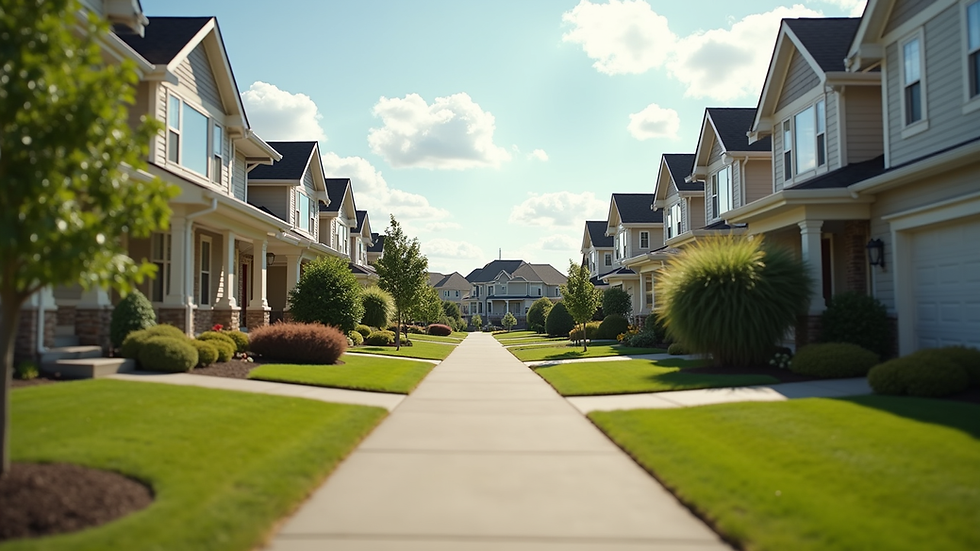 Eye-level view of a suburban neighborhood with well-maintained homes