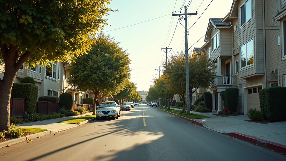 Eye-level view of a modern Bay Area neighborhood street with houses and trees