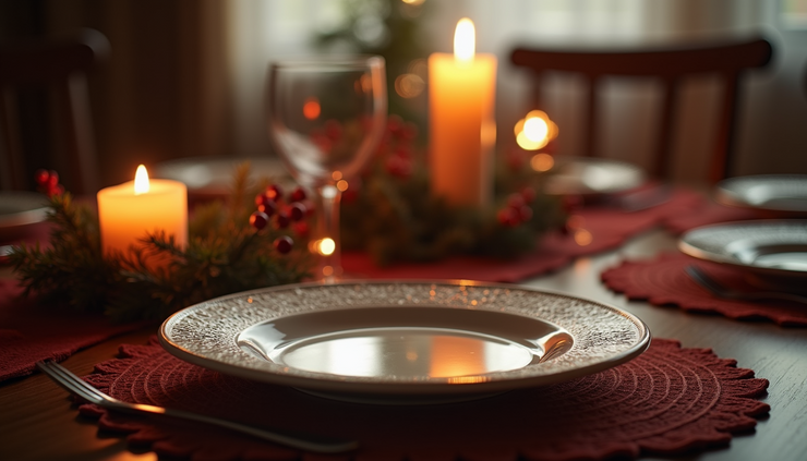 Eye-level view of a traditional Ukrainian Christmas table with an empty plate and candle