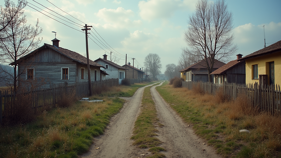 Wide-angle view of a village adorned with traditional Ukrainian architecture