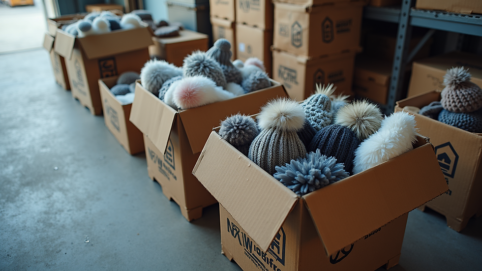 High angle view of winter gear packed in boxes for shipment