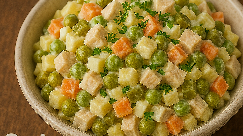Close-up view of Ukrainian Olivier potato salad in a decorative bowl