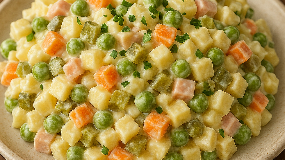 Eye-level view of a festive table featuring Ukrainian dishes, including Olivier potato salad