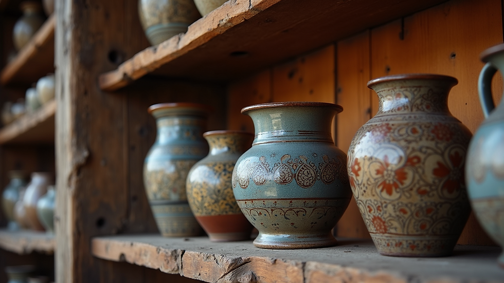 Eye-level view of traditional Ukrainian pottery displayed on a wooden shelf