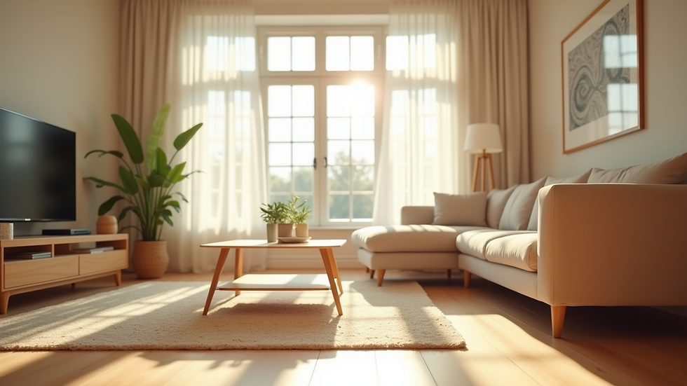 Eye-level view of a clean and bright living room with sunlight