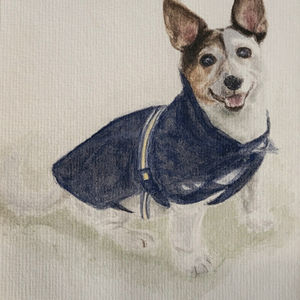 a painting of a dog wearing a blue jacket