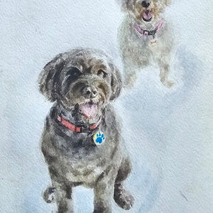 a painting of two dogs one of which has a blue paw tag
