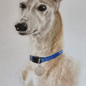 a painting of a dog with a blue collar