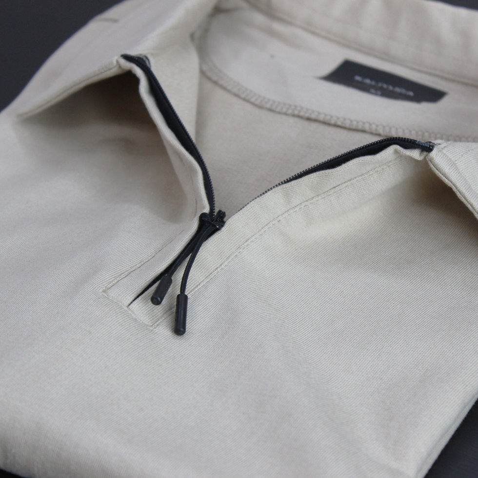 Close-up of high-quality zipper on Light Beige polo shirt – Kaliyuga Wear