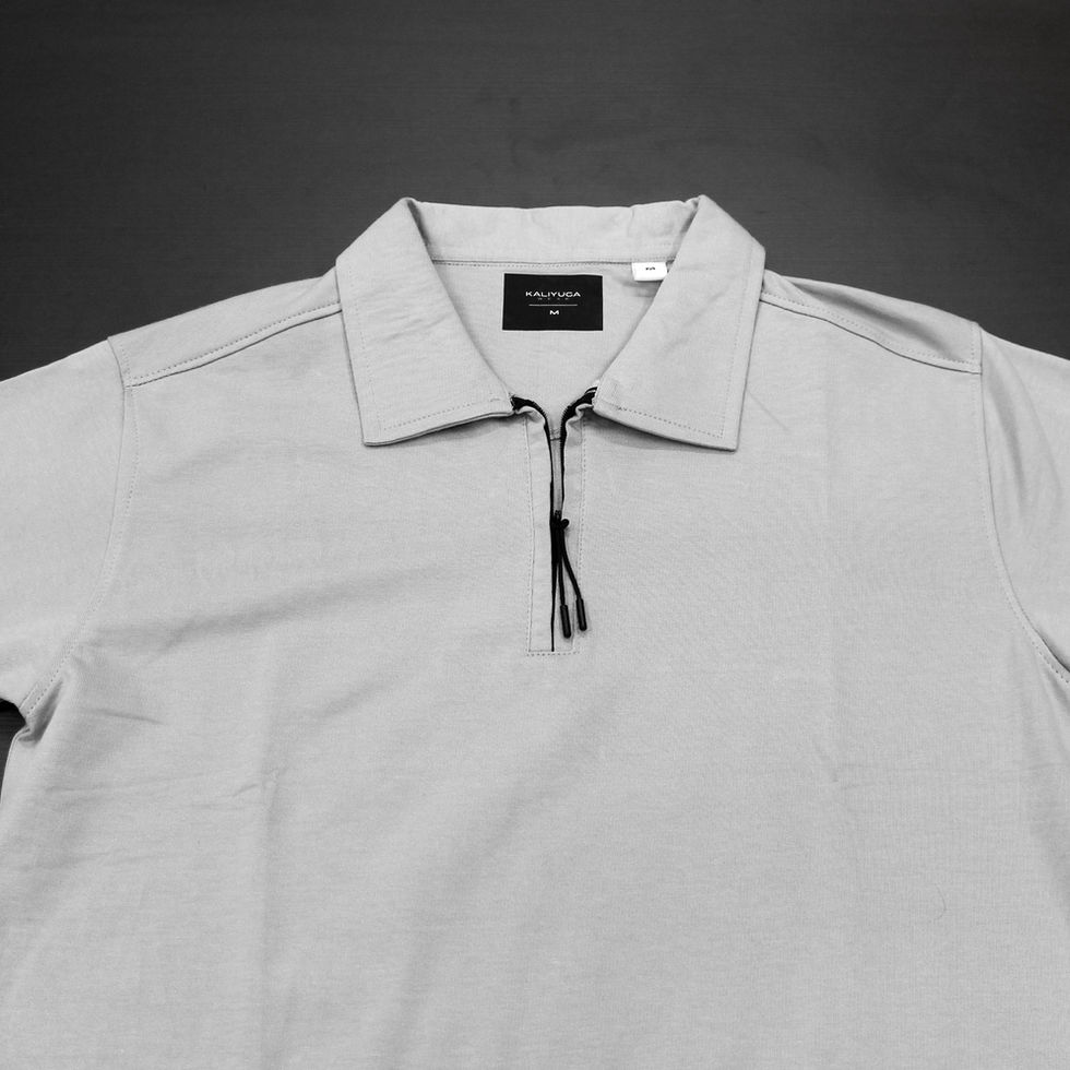 Light Grey zipper polo shirt partially unzipped, showing soft inner collar – Kaliyuga Wear
