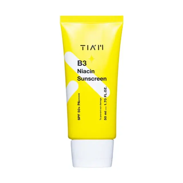 TIA'M B3 Niacin Sunscreen in leuchtend gelber Tube mit weißem Verschluss, SPF 50+ PA++++