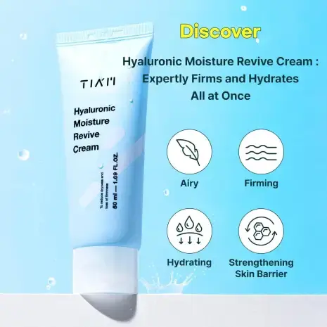 Die TIA'M Hyaluronic Moisture Revive Cream mit Icons und Beschreibung der Vorteile: luftig, straffend, feuchtigkeitsspendend,
