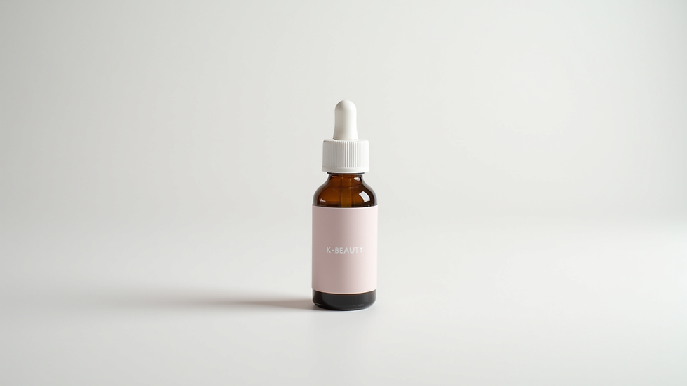 Close-up view of a bottle of vegan K-Beauty serum on a white background