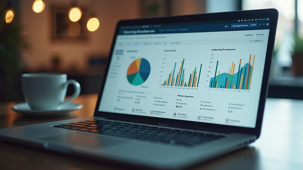 Close-up view of a laptop screen displaying leadership development analytics dashboard