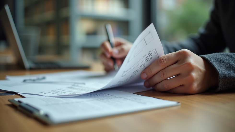 Eye-level view of a consumer examining service bills