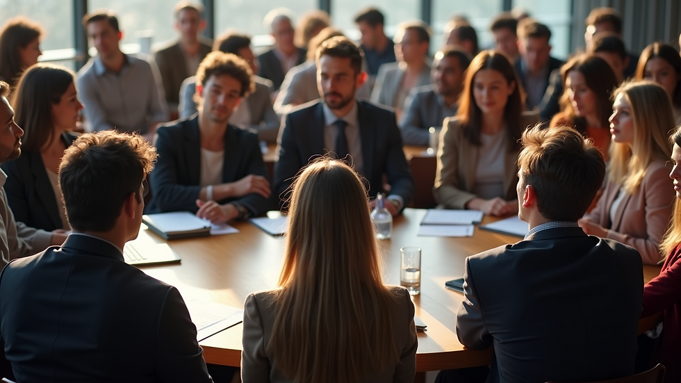 High angle view of a group of diverse people discussing in a public meeting