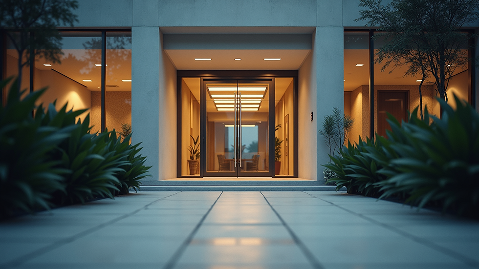 Eye-level view of an office building entrance