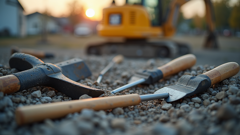 Close-up view of construction tools on the ground