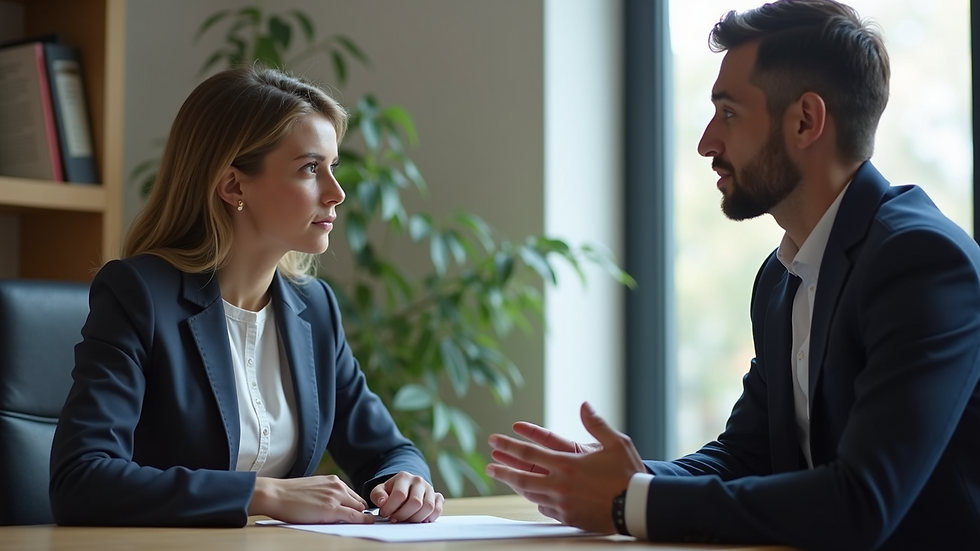 Eye-level view of a consumer consulting a legal advisor