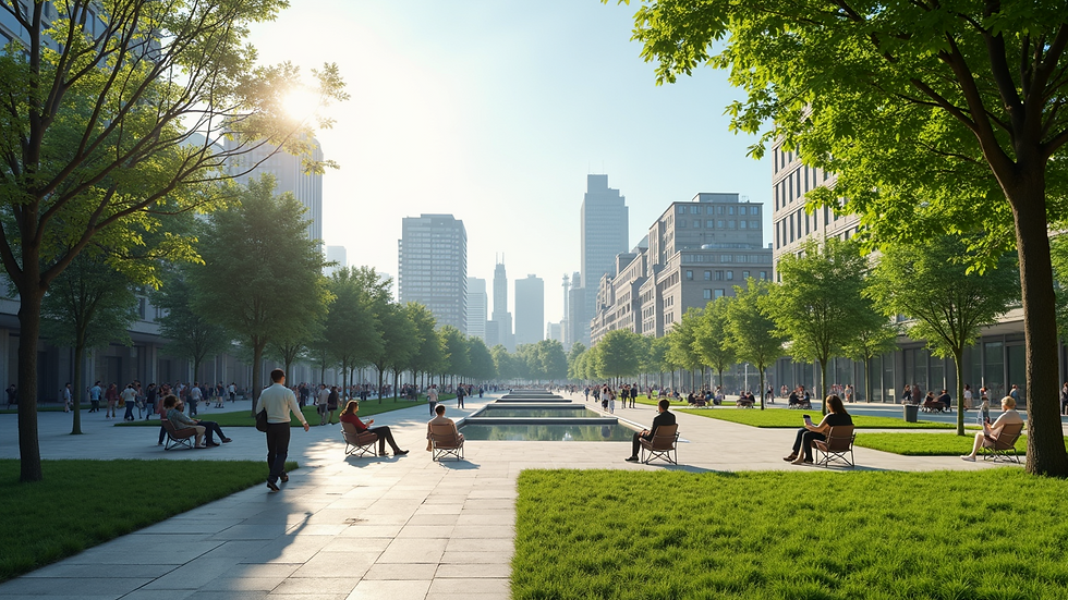 Wide angle view of a modern urban park with people enjoying the space