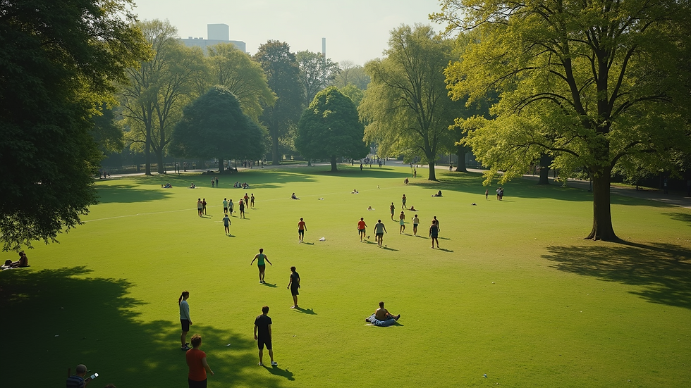High angle view of a serene park with people exercising outdoors