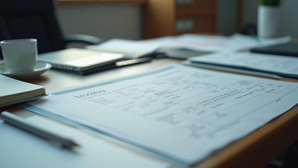 High angle view of office desk with invoices