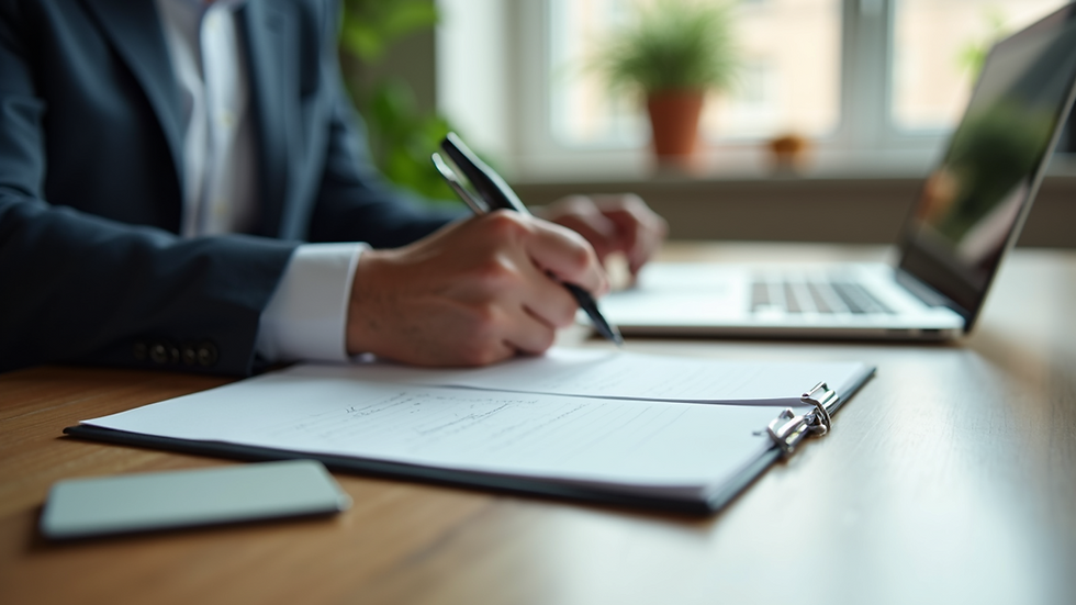 Close-up view of office desk with a notepad and pen