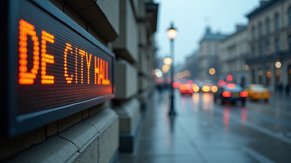 Eye-level view of a city hall with a digital display sign