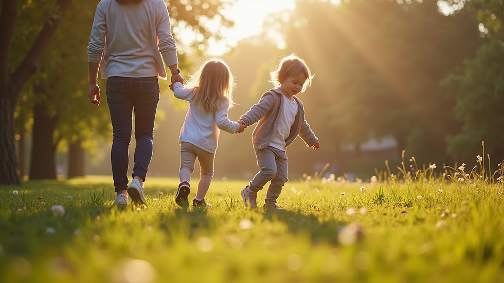 Wide angle view of children playing with parents outdoors
