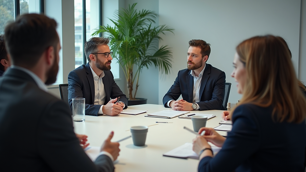 High angle view of an office meeting discussing company policies