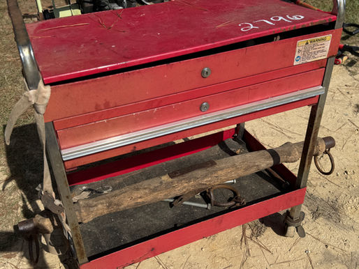 TWO (2) DRAWER TOOL BOX ON ROLLING STAND WITH ANTIQUE PULLIES AND OTHER TOOLS, consigned in October 4, 2025 Auction
