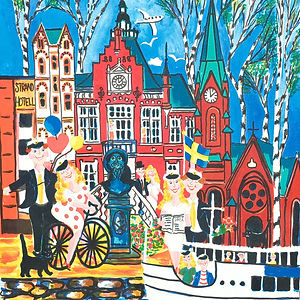 Gunilla Mann, "Umeå, björkarnas stad", färglitografi. Såld via Wickmans på Auctionet.