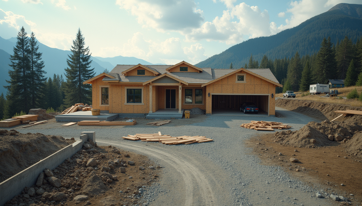 High angle view of a construction site in the Okanagan with a partially built house and building materials