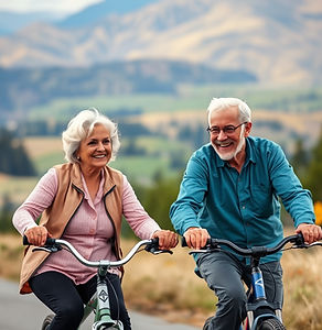 Happy retired couple enjoying a bike ride_ with an Okanagan valley background, zoom out fu