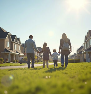 A peaceful-neighbourhood-scene-with-diverse-families-and-newly-built-houses-under-a-clear-